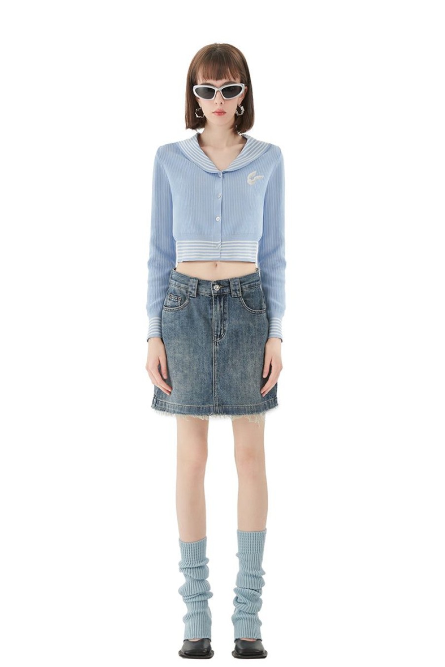 OZLANA Tops | Sailor Heart Logo Knitted Cardigan (Blue)