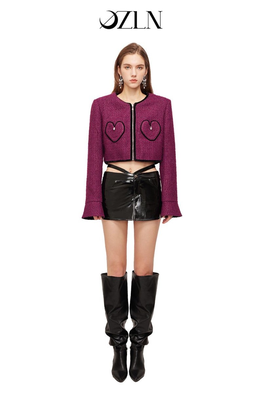 OZLANA Tops | Ozln Heart Pocket Glitz Tweed Blazer(Purple+Black)