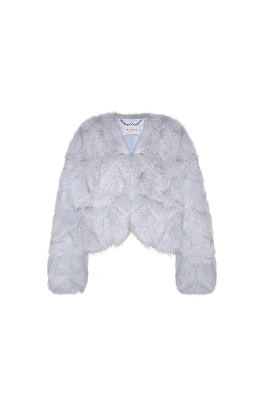 OZLANA Full Fur Jackets | Classic Crop V Neck Fox Fur Jacket (Blue)