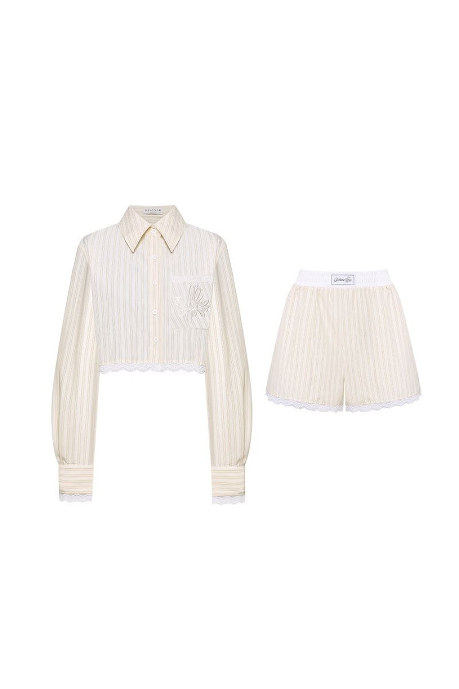 OZLANA Matching Sets | Lace-Contrasted Striped Shirt And Shorts Set(Yellow)