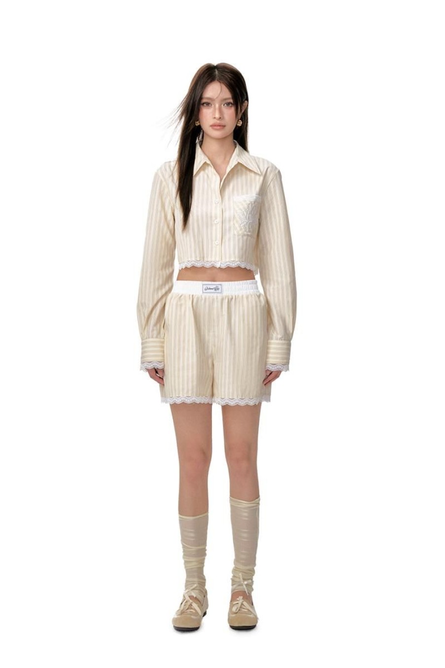 OZLANA Matching Sets | Lace-Contrasted Striped Shirt And Shorts Set(Yellow)