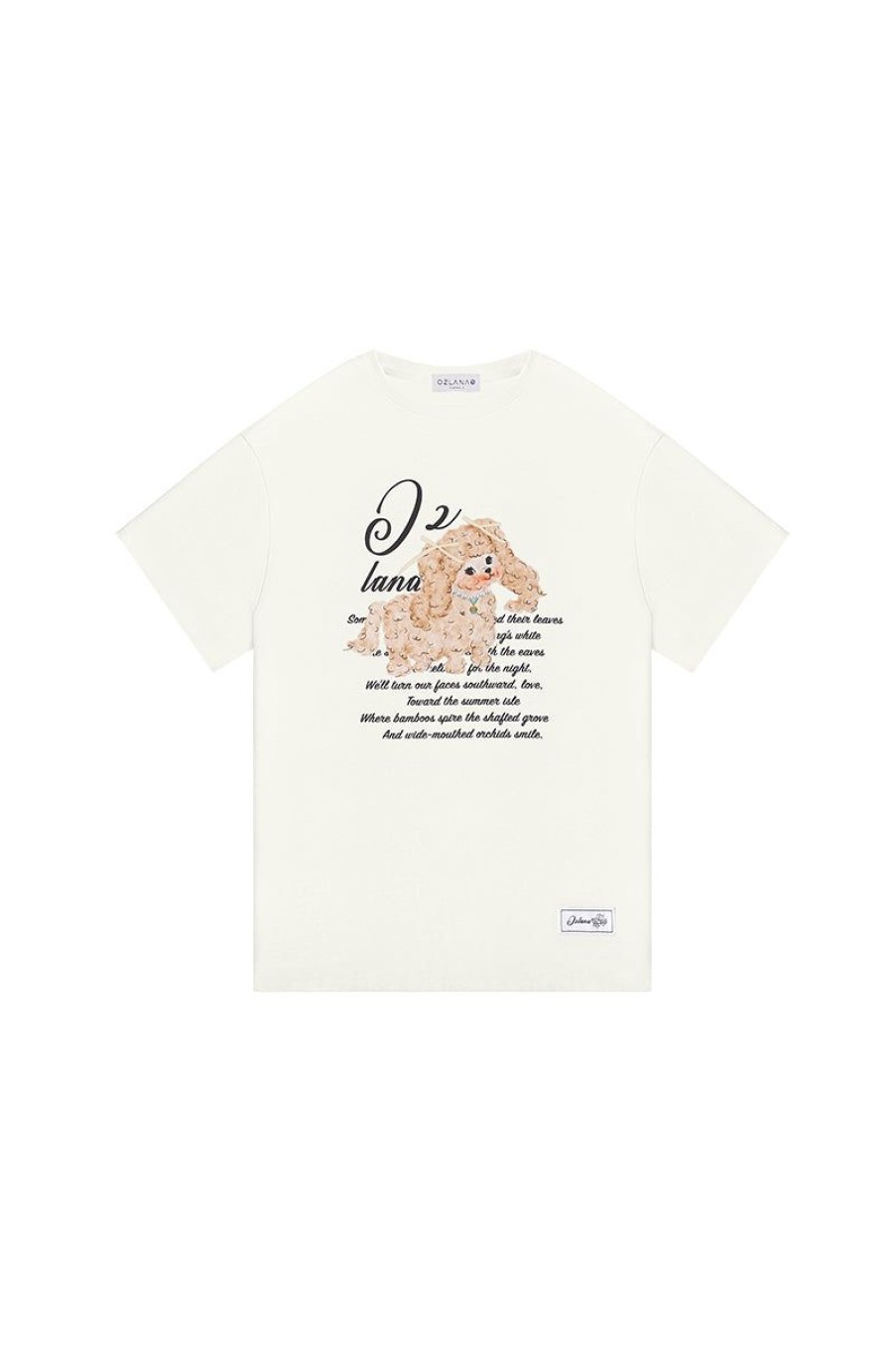 OZLANA Tops | Oversized Pet & Text Graphic T-Shirt(Cream)