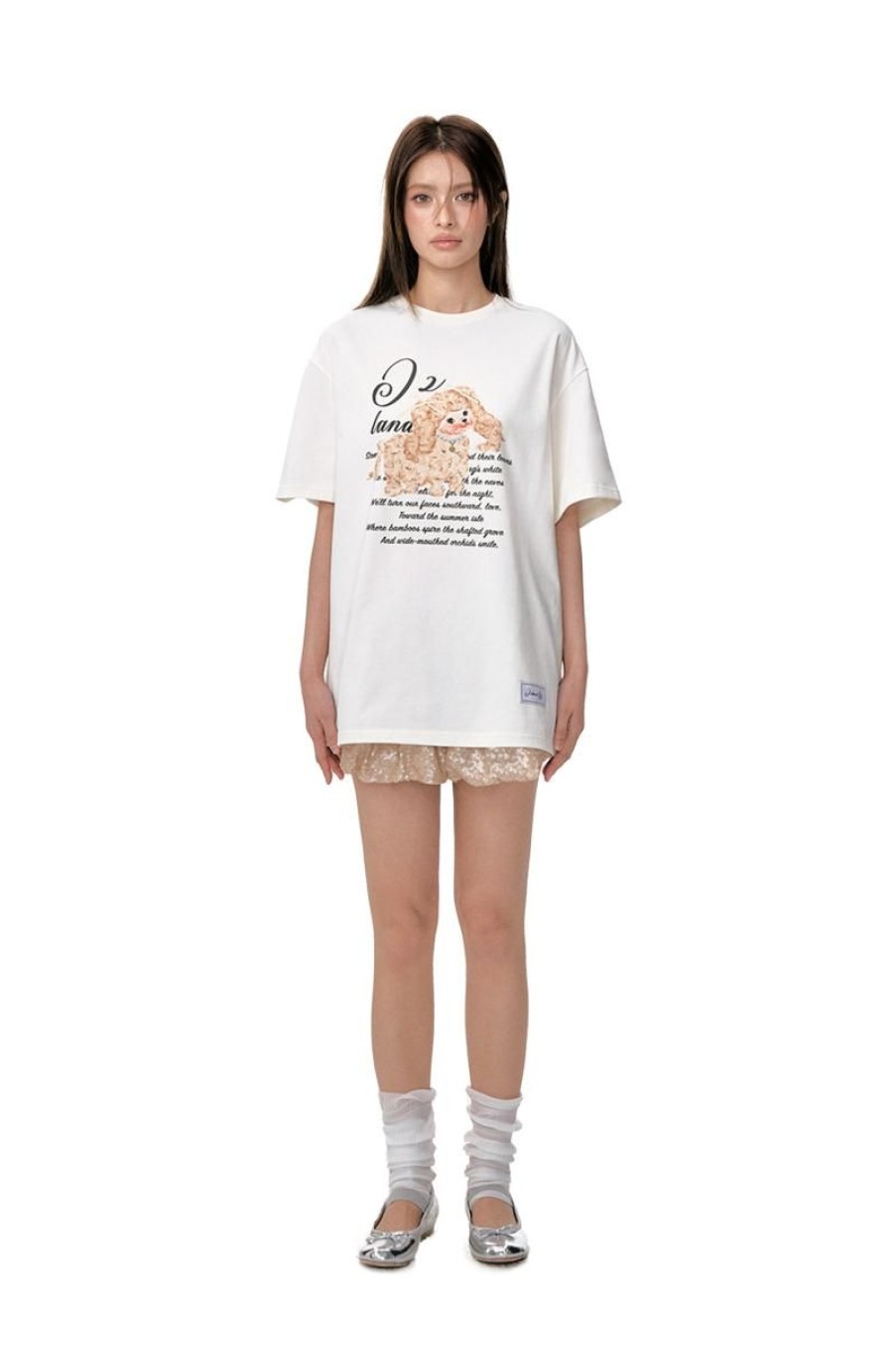 OZLANA Tops | Oversized Pet & Text Graphic T-Shirt(Cream)