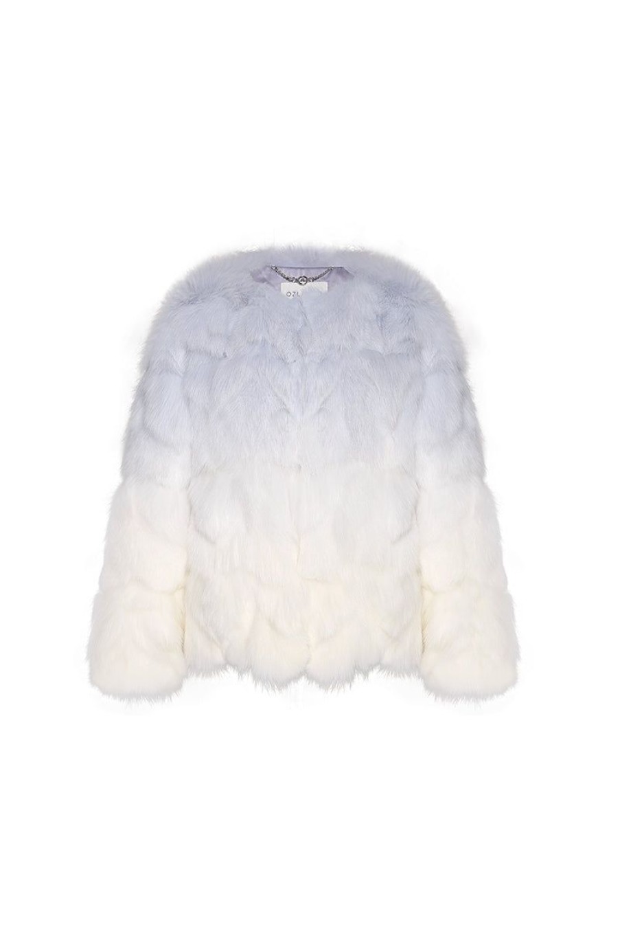 OZLANA Full Fur Jackets | Sunrise Gradient Round Neck Fox Fur Jacket (Blue)