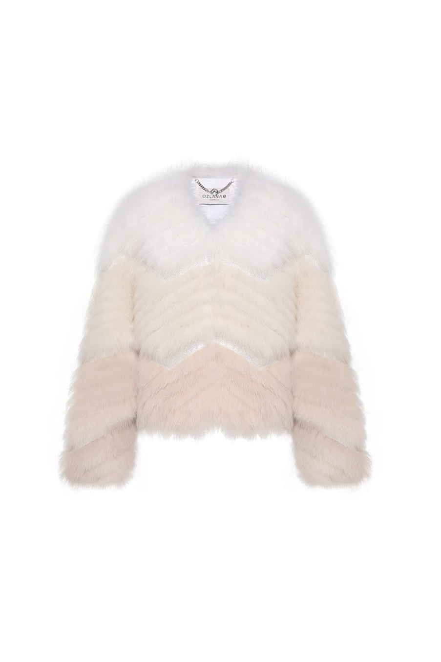 OZLANA Full Fur Jackets | Rippled Gradient Crystal Fringe Fox Fur Jacket(Cream Gradient)