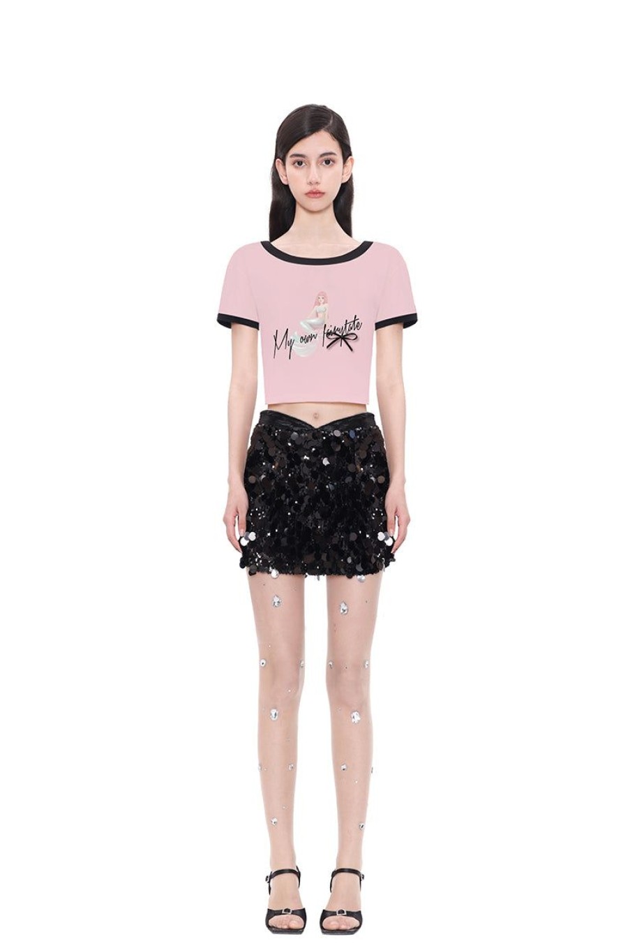 OZLANA Tops | My Own Fairytale Cropped Ringer Tee(Pink)