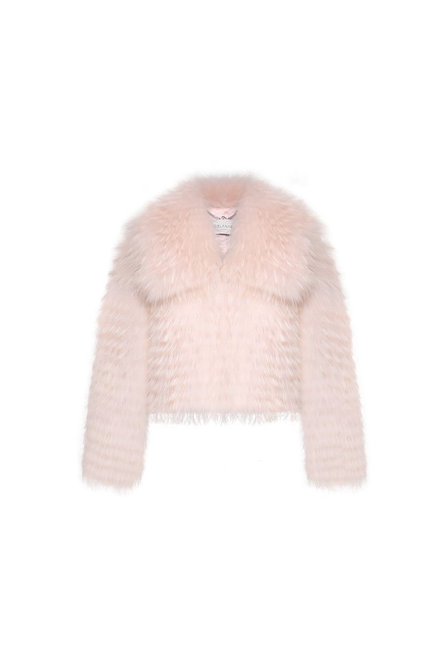 OZLANA Full Fur Jackets | Wide Lapel Crop Raccoon Fur Jacket(Pink)