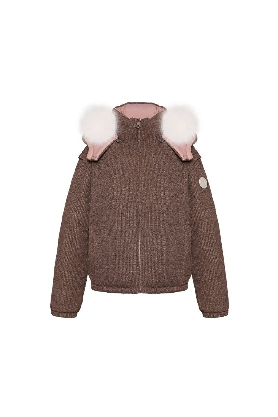 OZLANA Down Puffer Jackets | Turnover Knit Multi-Weardown Jacket(Pink + Coffee Color)