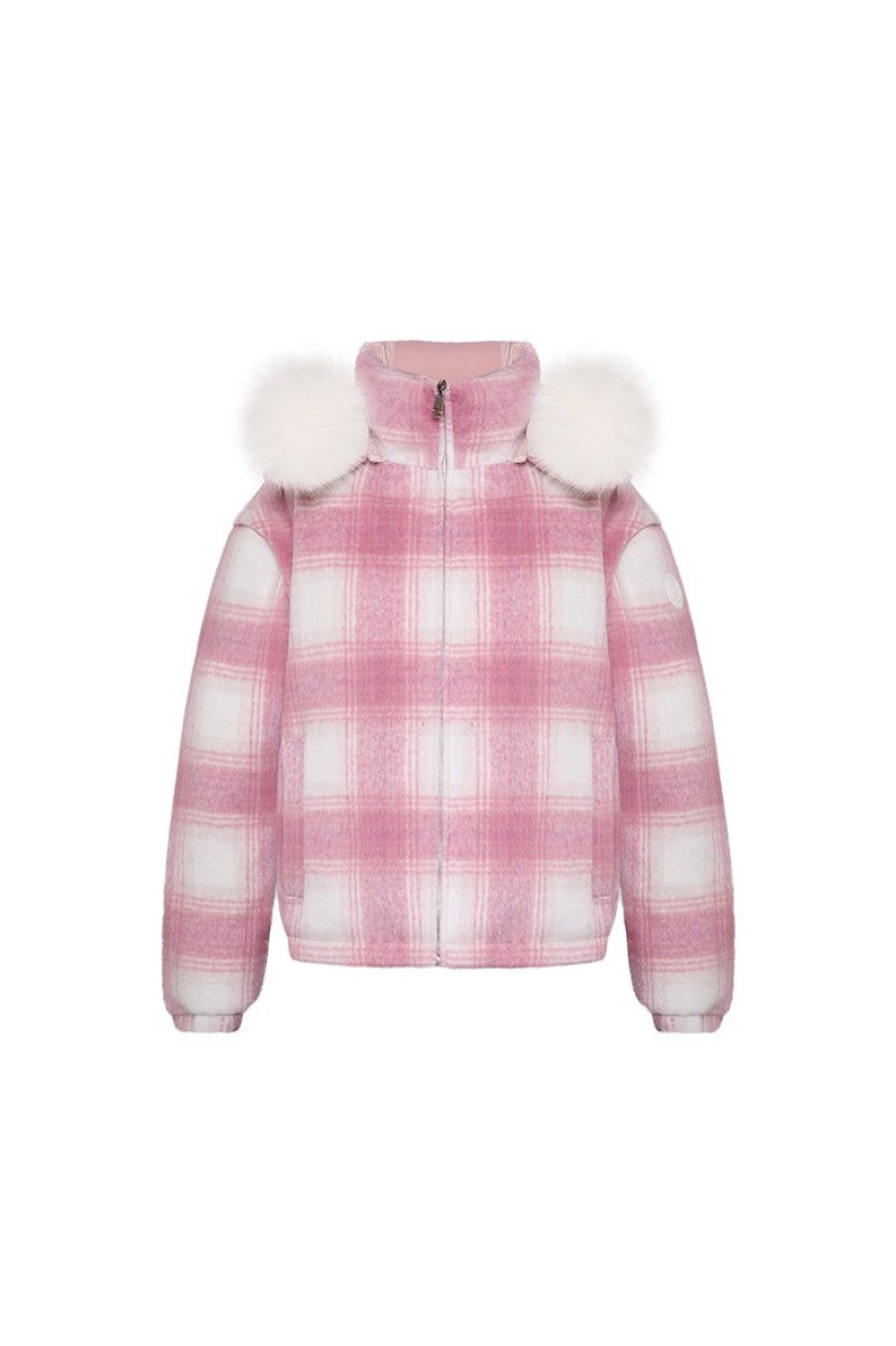 OZLANA Down Puffer Jackets | Turnover Multi-Wear Plaid Down Jacket(Pink+Pink Check)