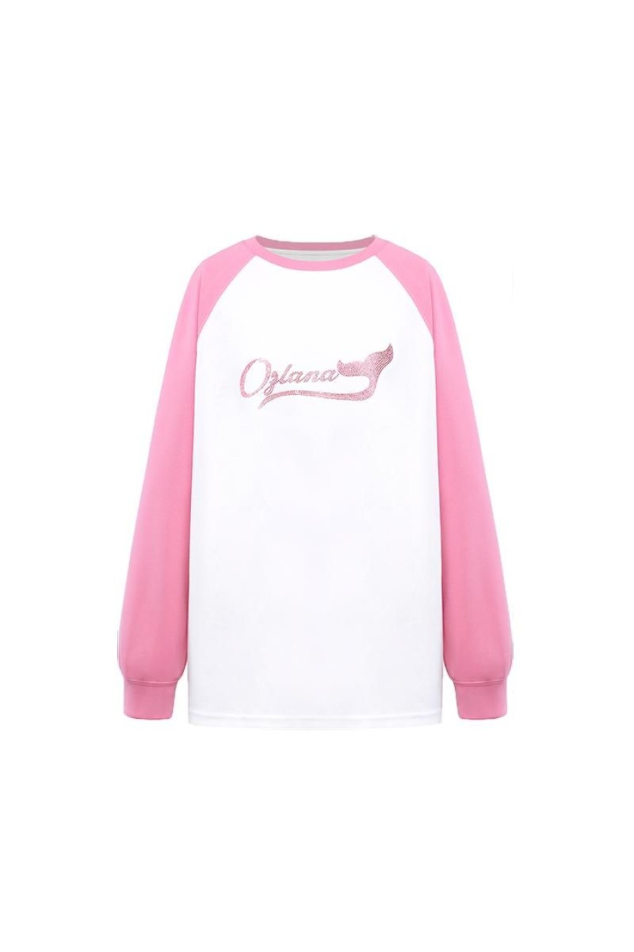 OZLANA Tops | Raglan Contrast Sleeve Sweatshirt (Rose Red)