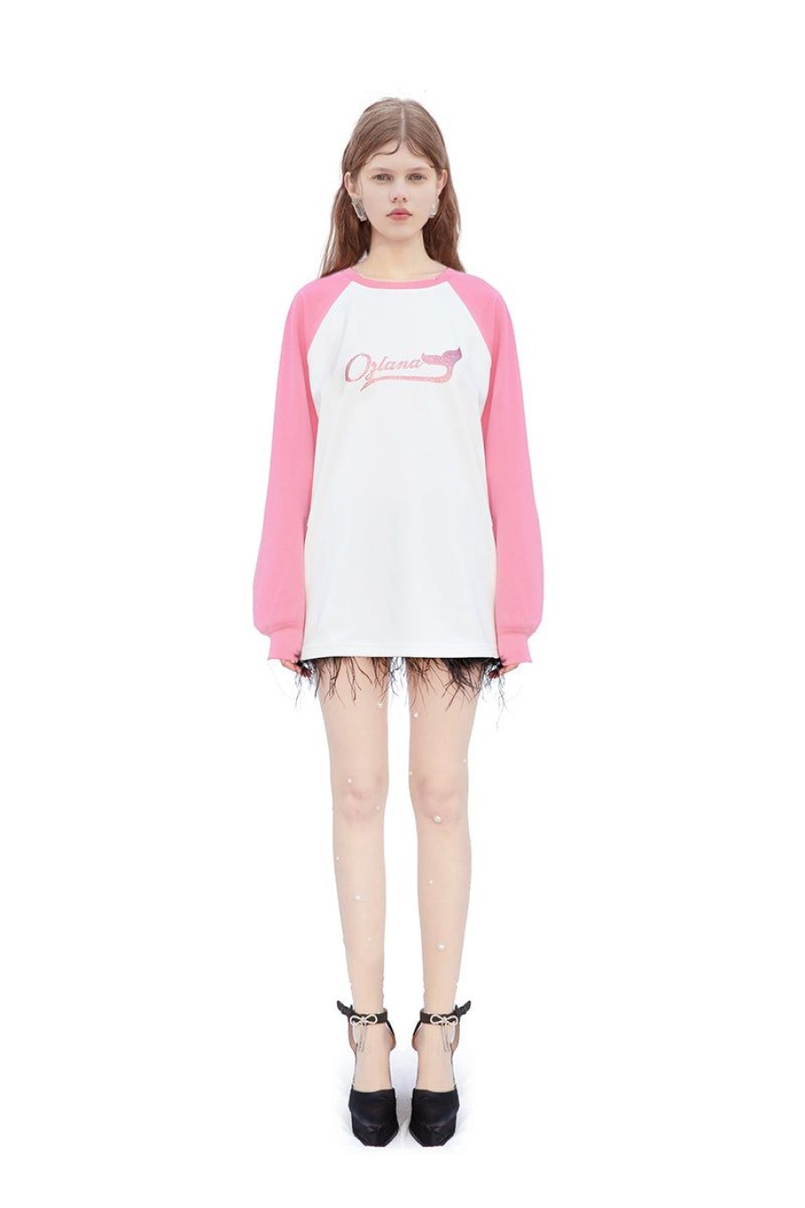 OZLANA Tops | Raglan Contrast Sleeve Sweatshirt (Rose Red)