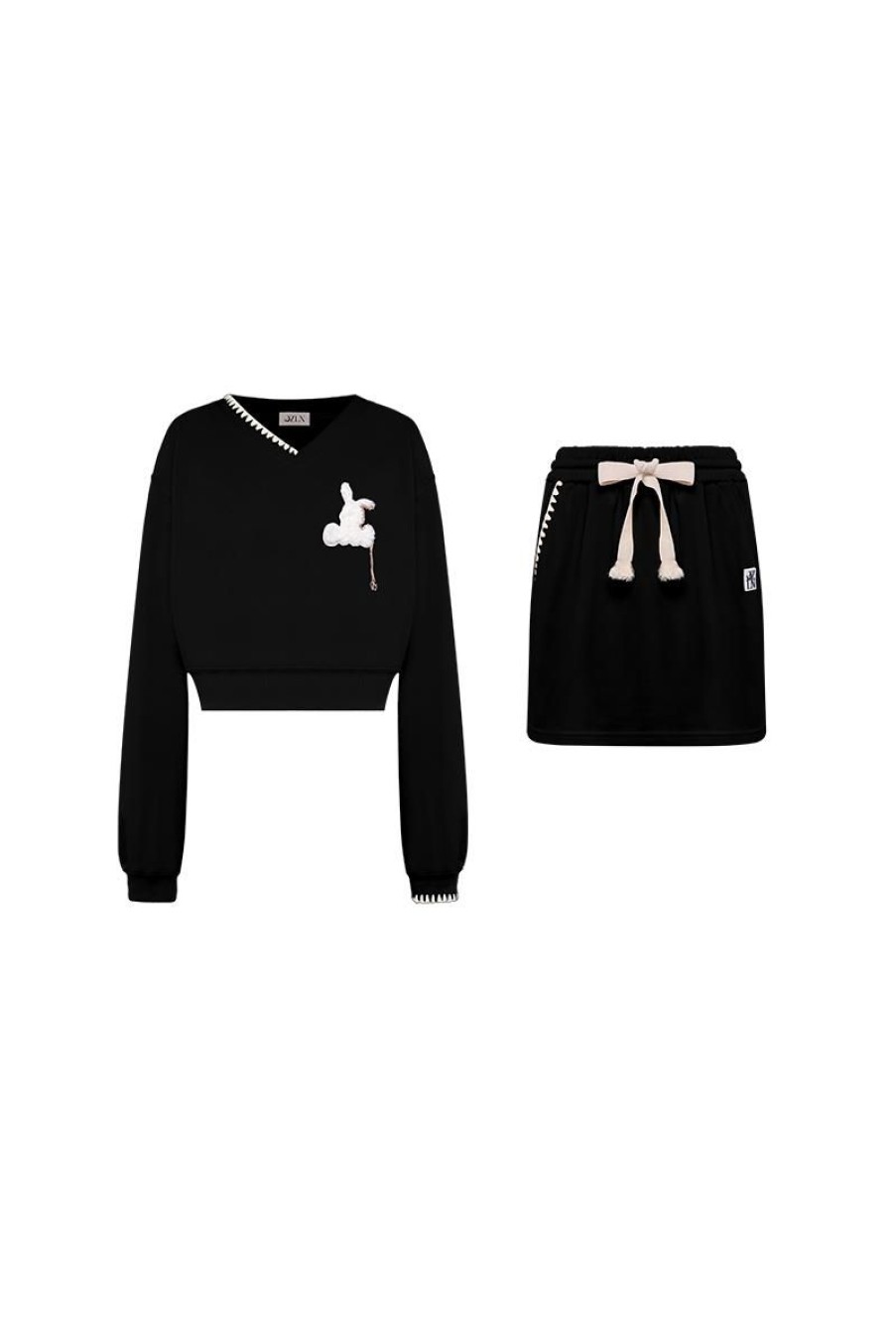 OZLANA Ozln | Bunny Stitched Lounge Skirt & Sweatshirt Set (Black)