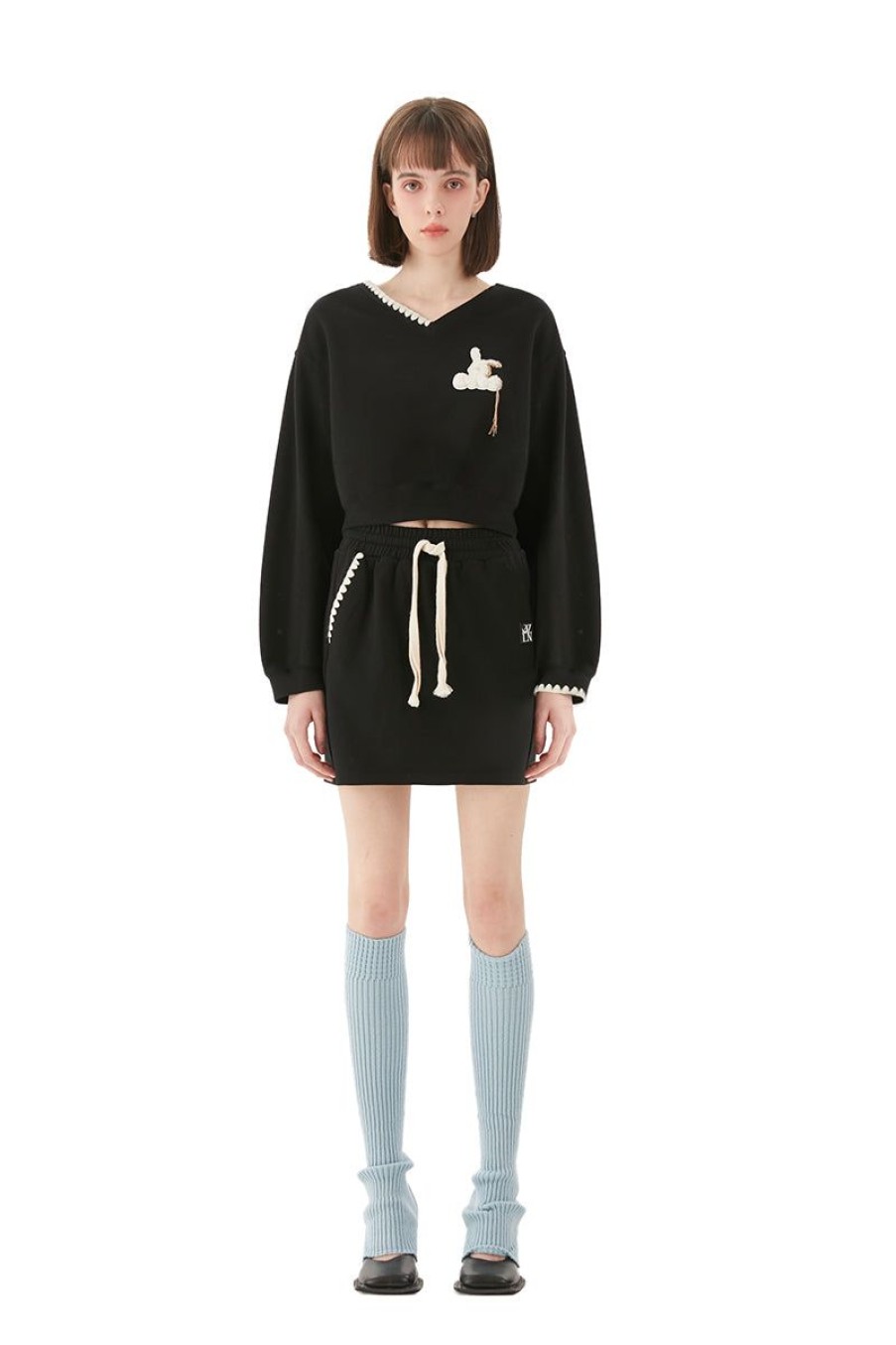 OZLANA Ozln | Bunny Stitched Lounge Skirt & Sweatshirt Set (Black)