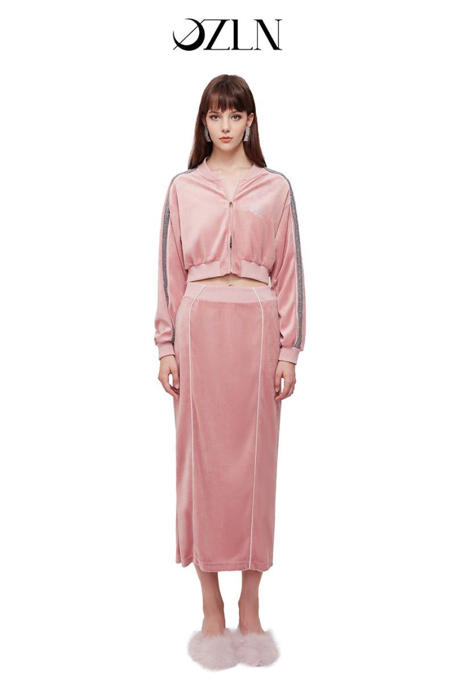 OZLANA Tops | Ozln O Club Baseball Sweat Suit Midi Skirt Set(Pink)