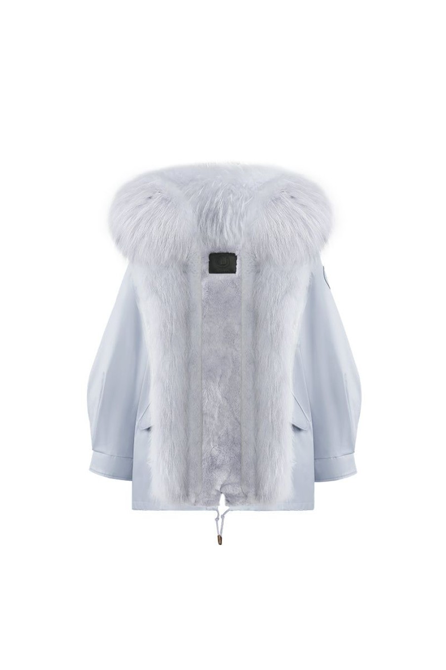 OZLANA Classic & Designer Parkas | Airy Blue Oversize Parka +Blue Rabbit Fur/Raccoon Fur