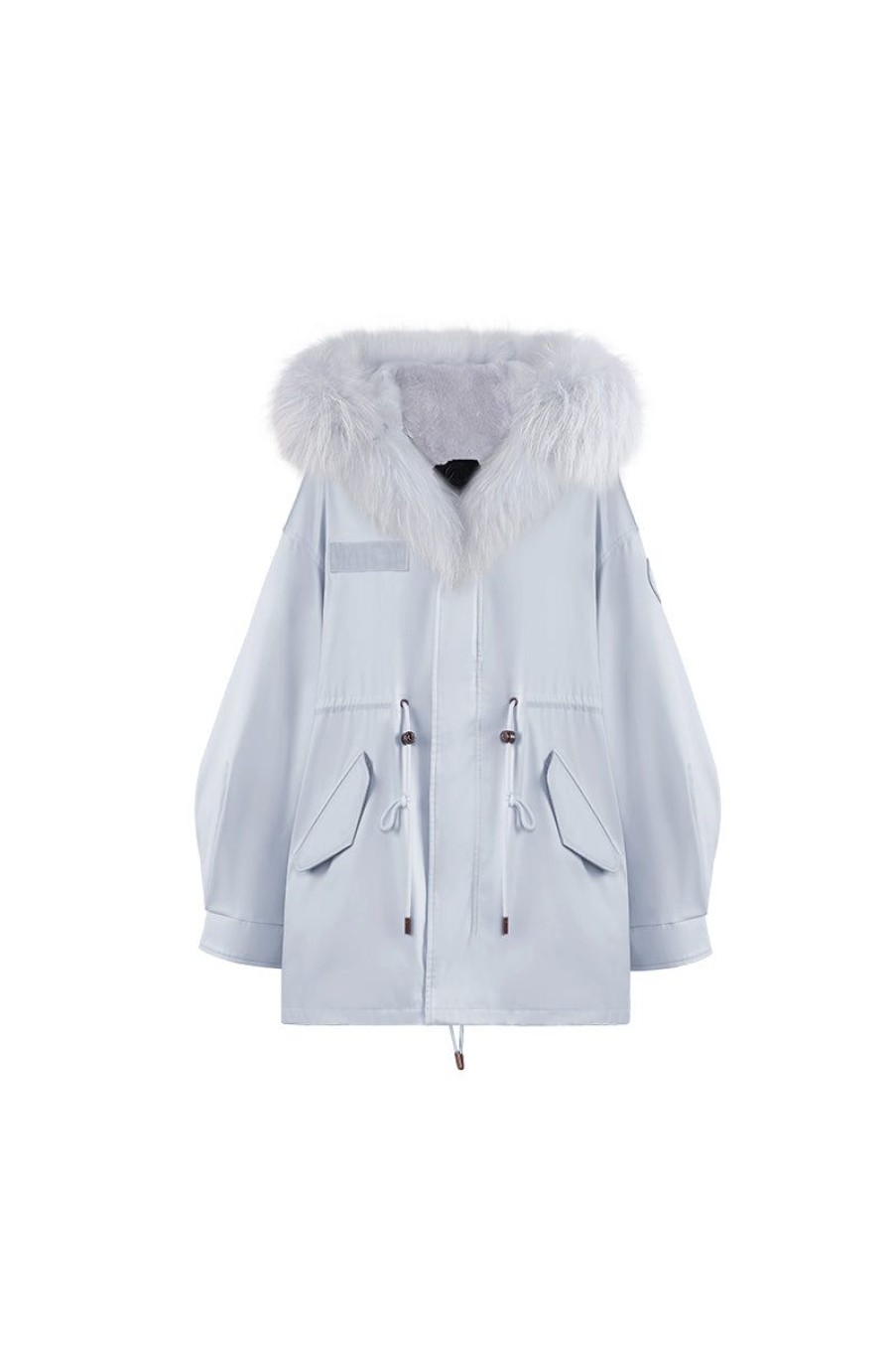 OZLANA Classic & Designer Parkas | Airy Blue Oversize Parka +Blue Rabbit Fur/Raccoon Fur