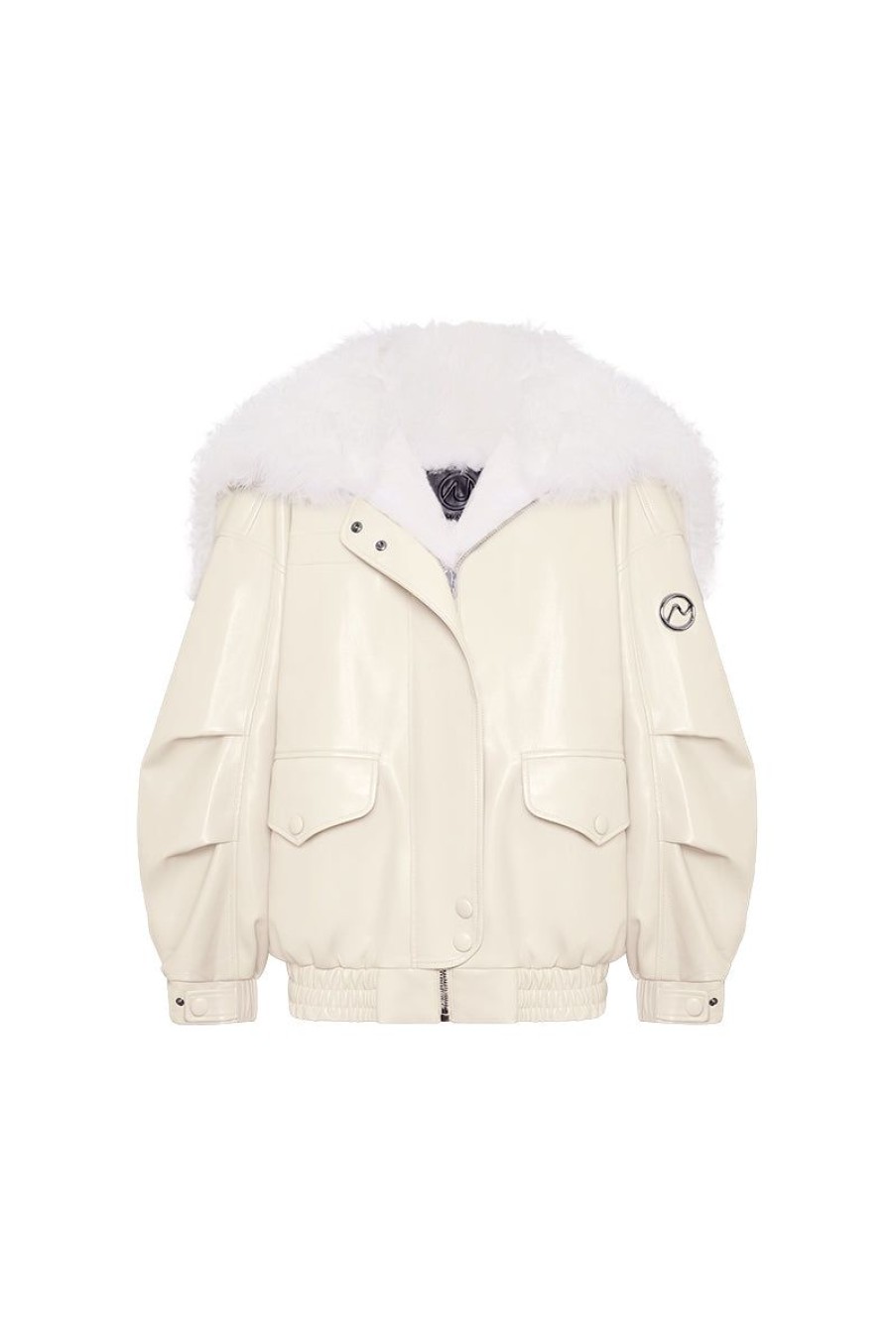 OZLANA Classic & Designer Parkas | Offwhite Faux Leather Parka