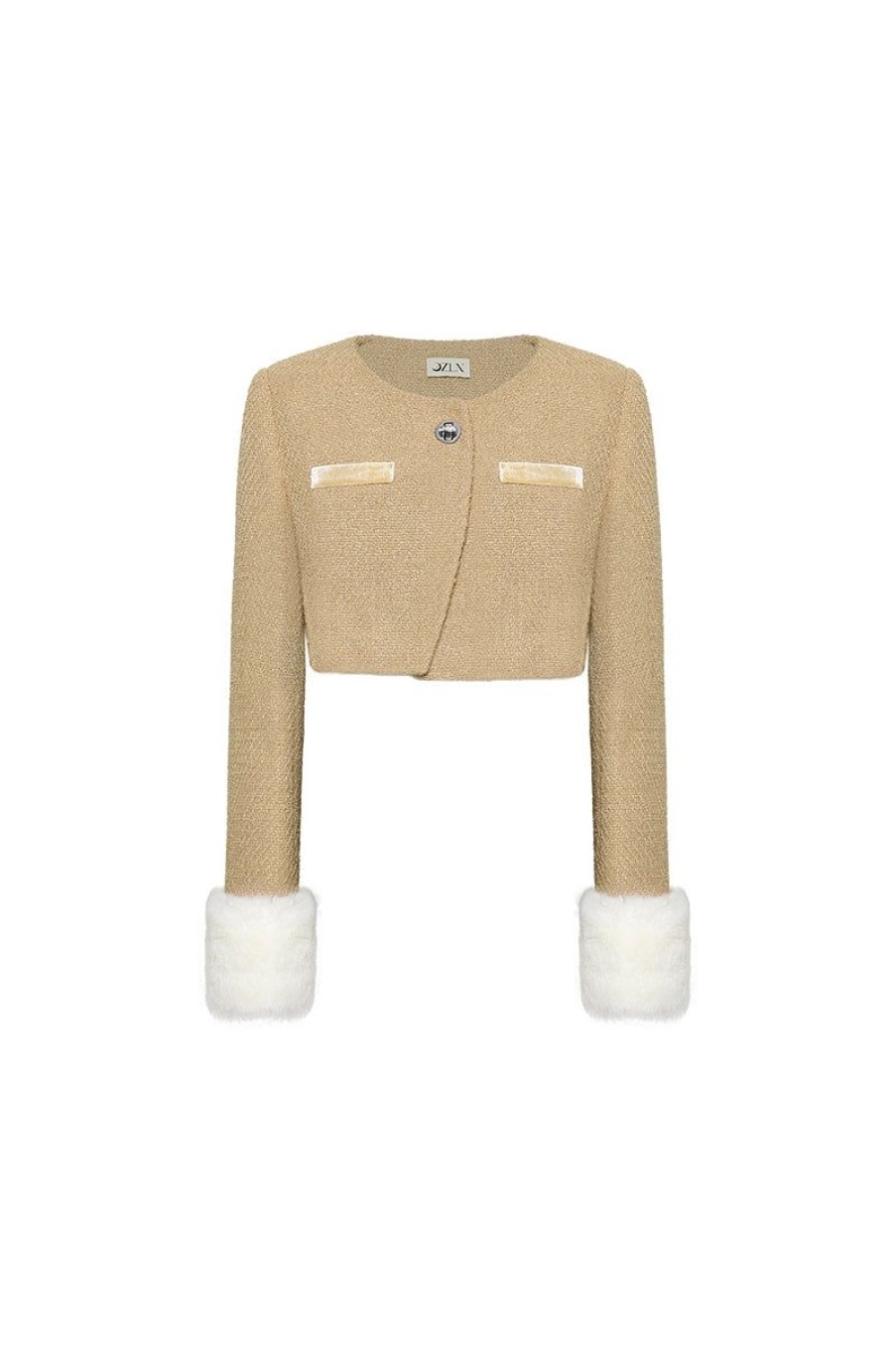 OZLANA Tweeds | Ozln Detachable Faux Fur Sleeve Glitz Tweed Jacket(Camel)