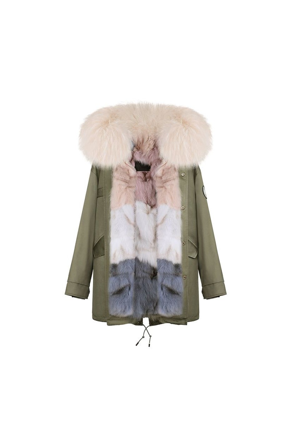 OZLANA Classic & Designer Parkas | Khaki Green+Creamy Ice Cream