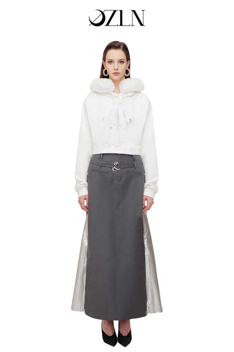 OZLANA Ozln | Ozln Contrast Panelled Maxi Skirt(Grey)