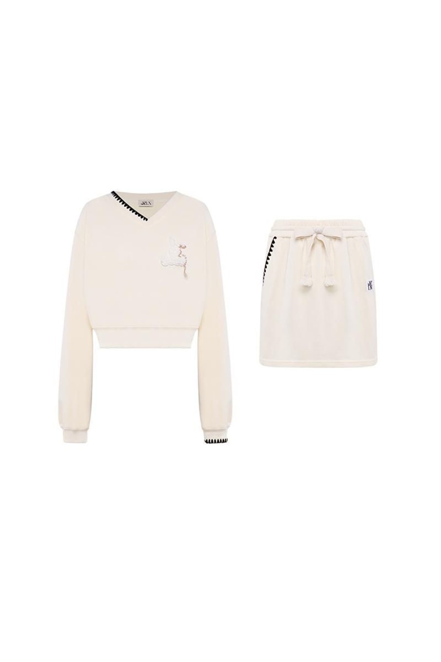 OZLANA Tops | Bunny Stitched Lounge Skirt & Sweatshirt Set (Cream)