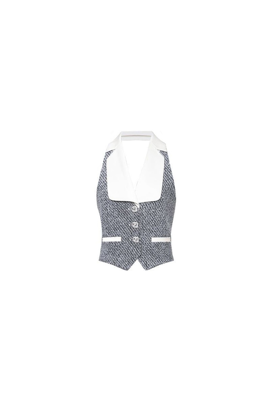 OZLANA Tops | Twilled Tweed Waistcoat Halter Vest(Black And Whit)