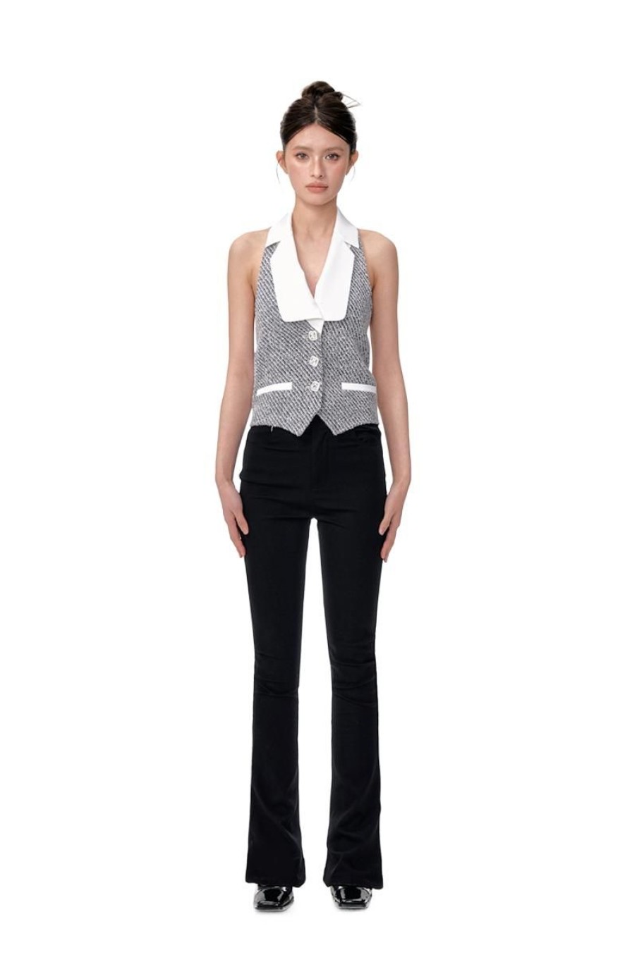 OZLANA Tops | Twilled Tweed Waistcoat Halter Vest(Black And Whit)