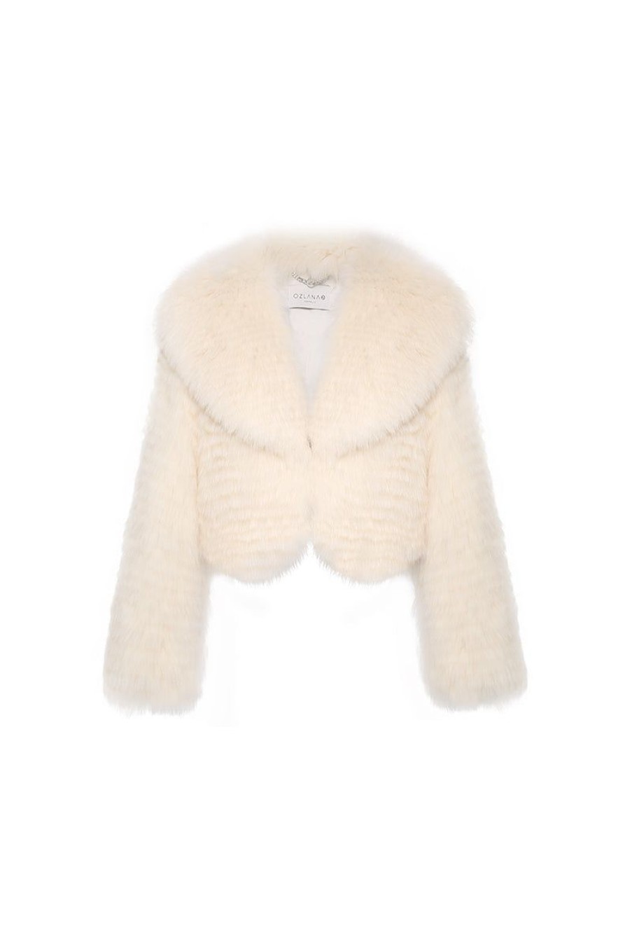 OZLANA Full Fur Jackets | Arc Cropped Wide Lapel Fox Fur Jacket (Cream)