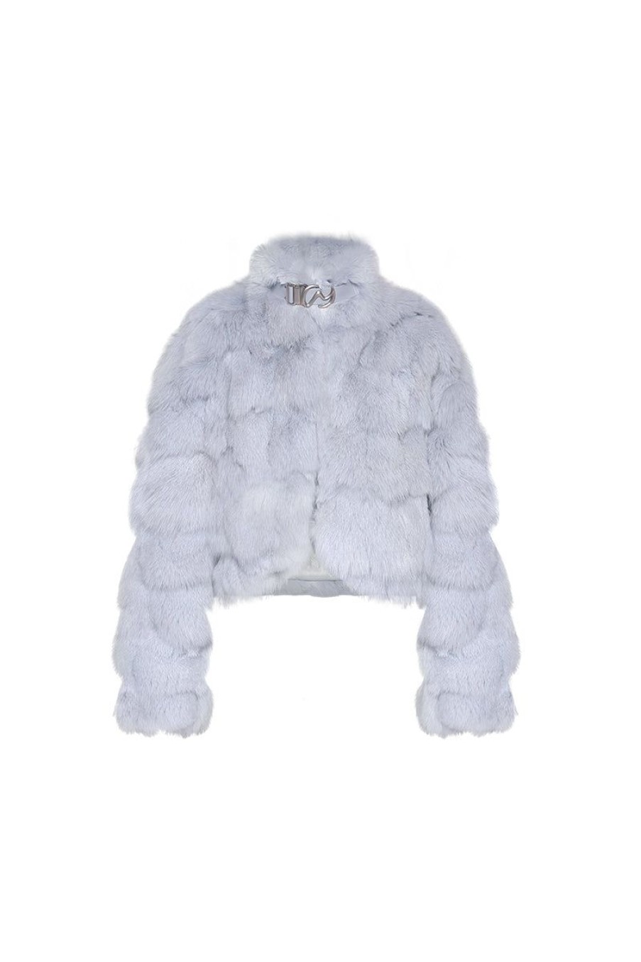 OZLANA Full Fur Jackets | Cloud Bubble Buckle Collar Fox Fur Jacket (Blue)