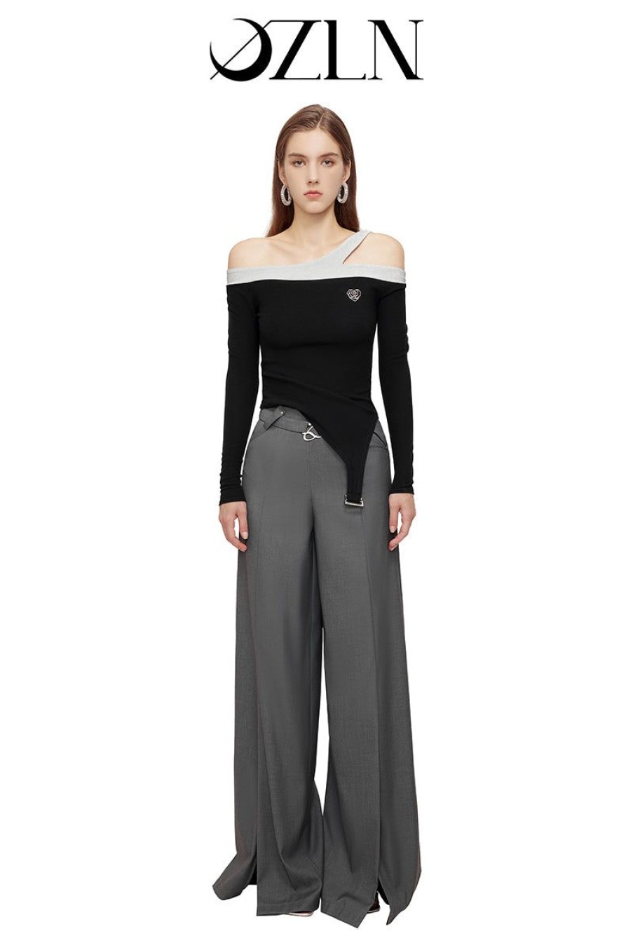 OZLANA Bottoms | Ozln Wide Leg Slit Suit Pants(Grey)