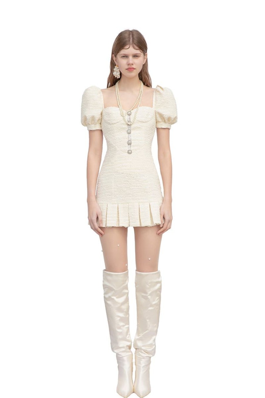 OZLANA Tweeds | Sand Dollar Tweed Dress(Creamy White)