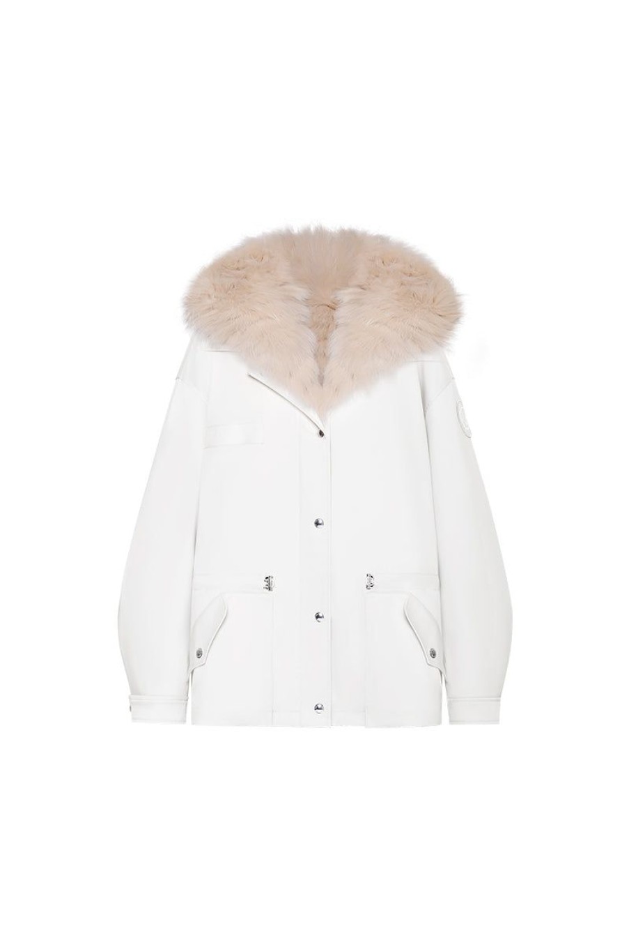 OZLANA Classic & Designer Parkas | White Transform Parka +Cream Hooded Fur Coat