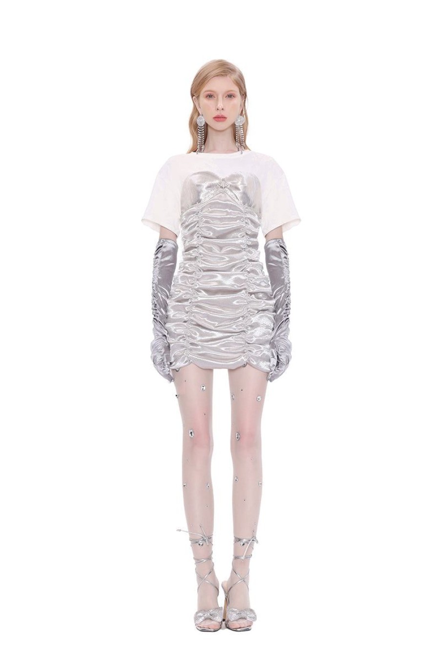 OZLANA Dresses & Sets | Moon Tides Silver Gathered Layered Dress(White)