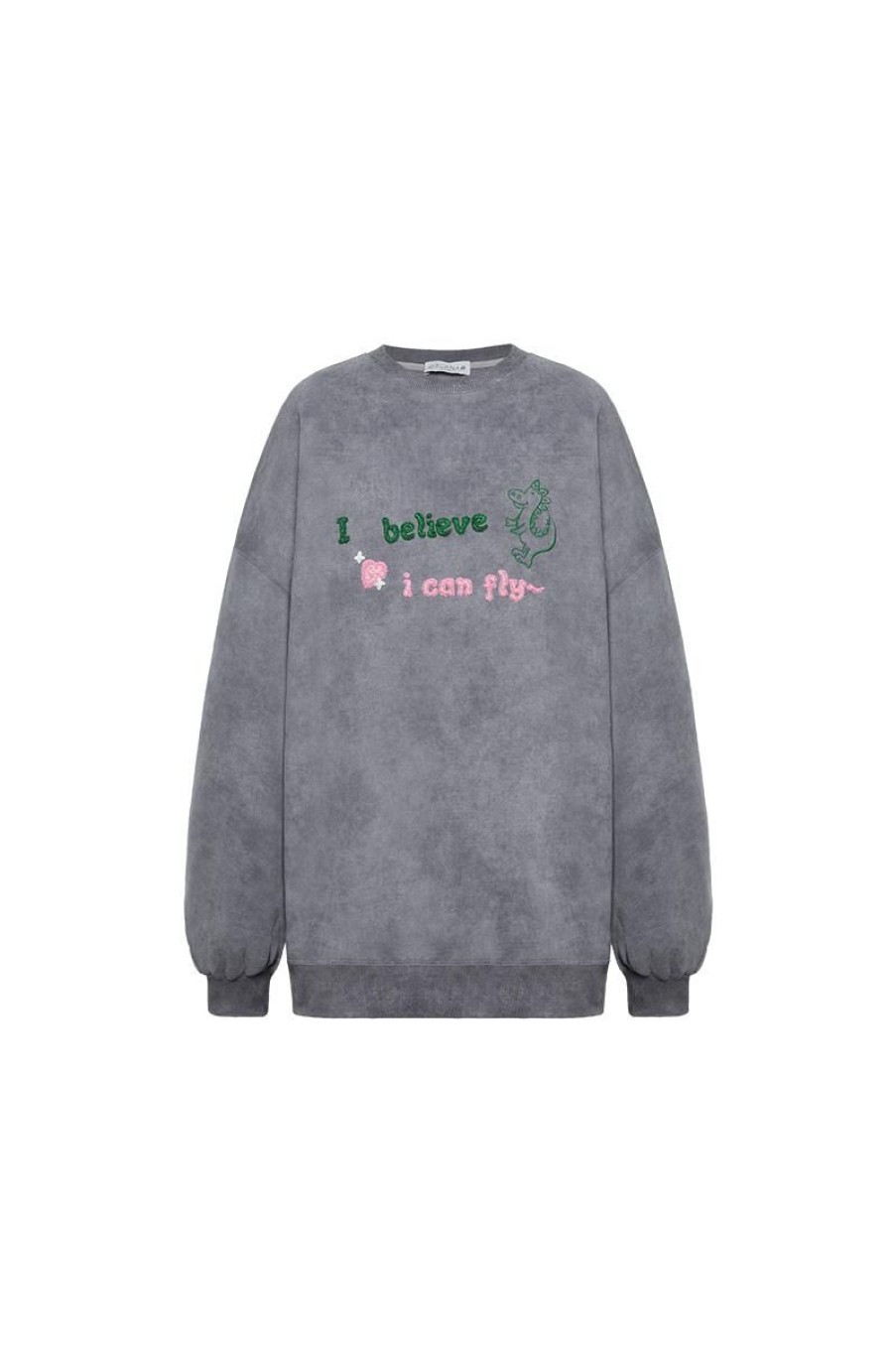 OZLANA Tops | Crewneck Angel Wings Tie-Dyed Sweatshirt (Grey)