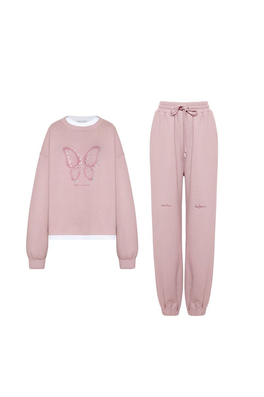 OZLANA Bottoms | Butterfly Oversized Sweatshirt Set(Pink)