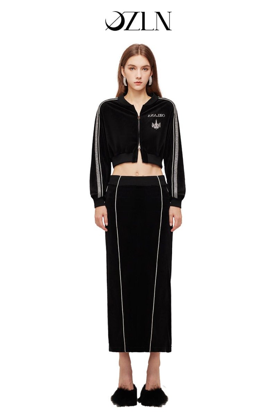 OZLANA Bottoms | Ozln O Club Baseball Sweat Suit Midi Skirt Set(Black)