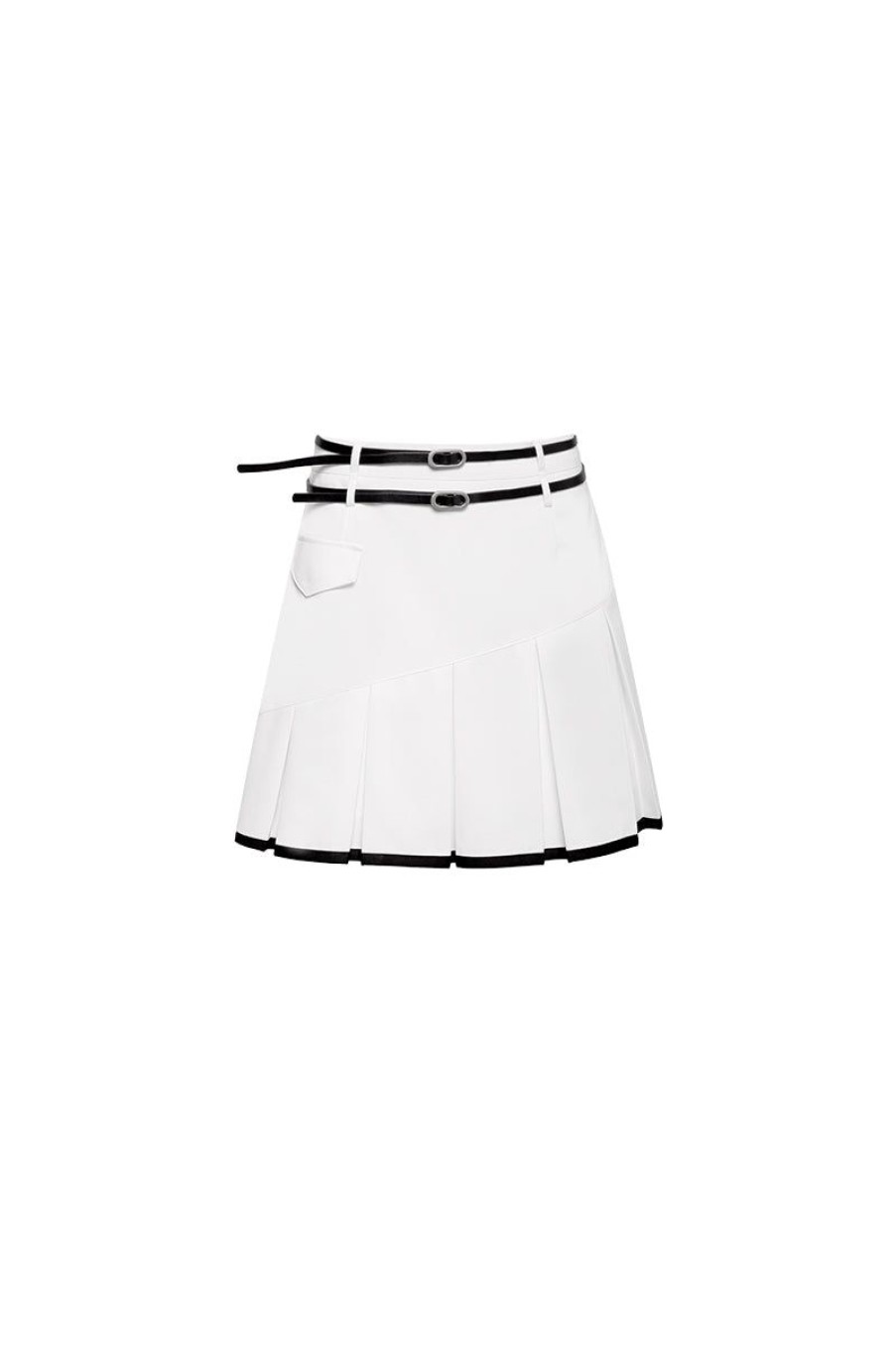 OZLANA Bottoms | Ozln Barre Double Belt Pleated Mini Skirt (White)