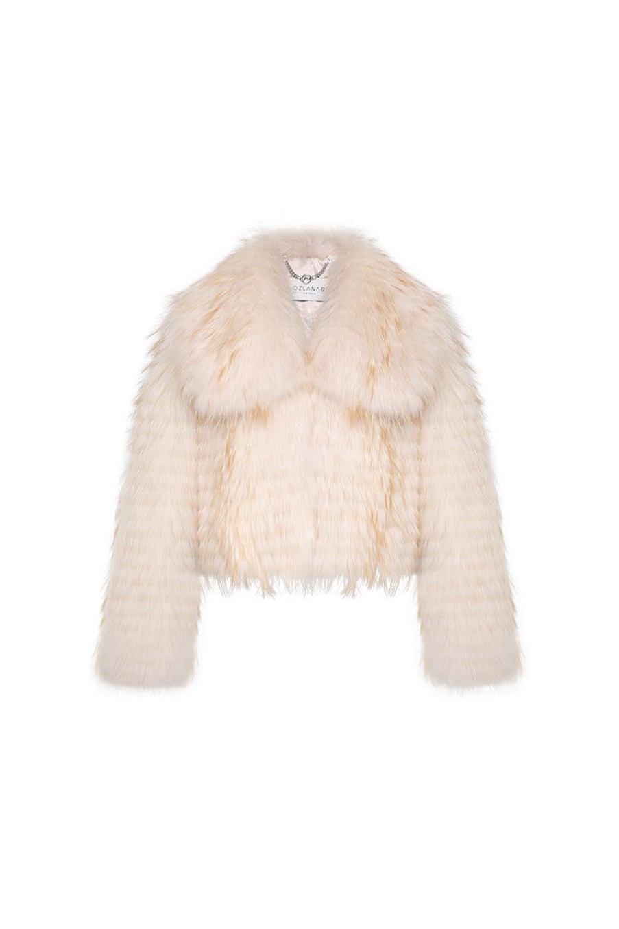 OZLANA Full Fur Jackets | Wide Lapel Crop Raccoon Fur Jacket(Cream )