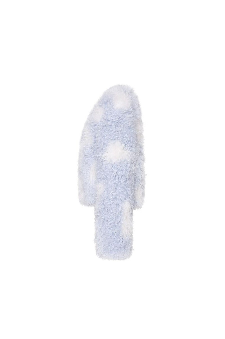 OZLANA Full Fur Jackets | Bubble Round Neck Shearling Wool Jacket(Blue)