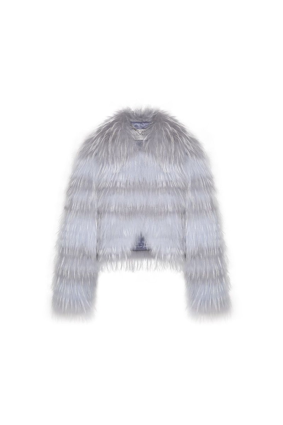 OZLANA Full Fur Jackets | Striped V Neck Crop Raccoon Fur Jacket(Grey Stripe)