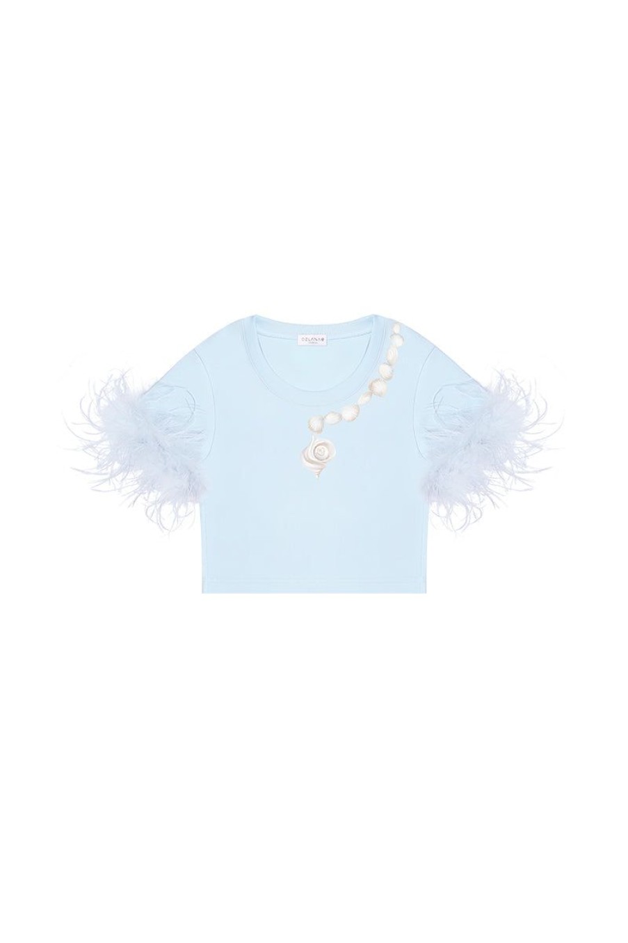 OZLANA Tops | Sea Shells Feather Cropped Tee(Blue)