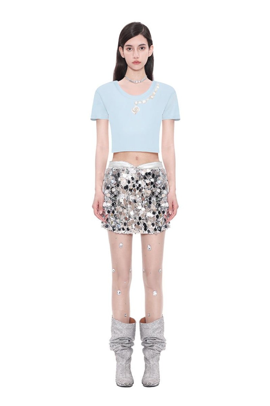 OZLANA Tops | Sea Shells Feather Cropped Tee(Blue)