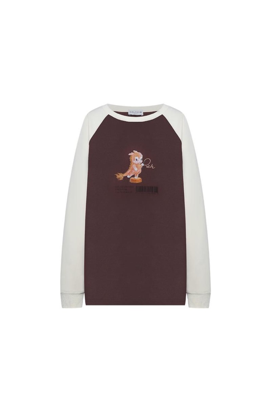 OZLANA Tops | Crewneck Dragon Printsweatshirt (Coffee Color+Cream)