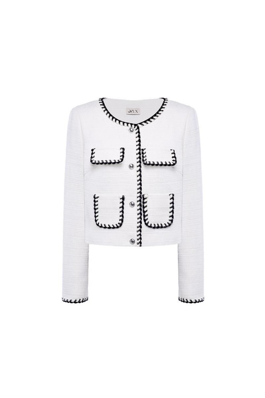 OZLANA Ozln | Stitched Edge Vintage Tweed Jacket (White)