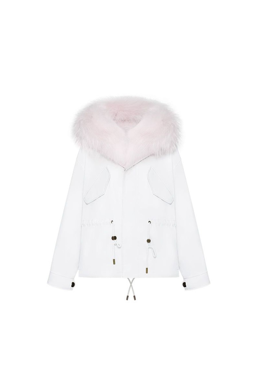 OZLANA Classic & Designer Parkas | White Short Oversize Parka+White Rabbit Fur/Raccoon Fur