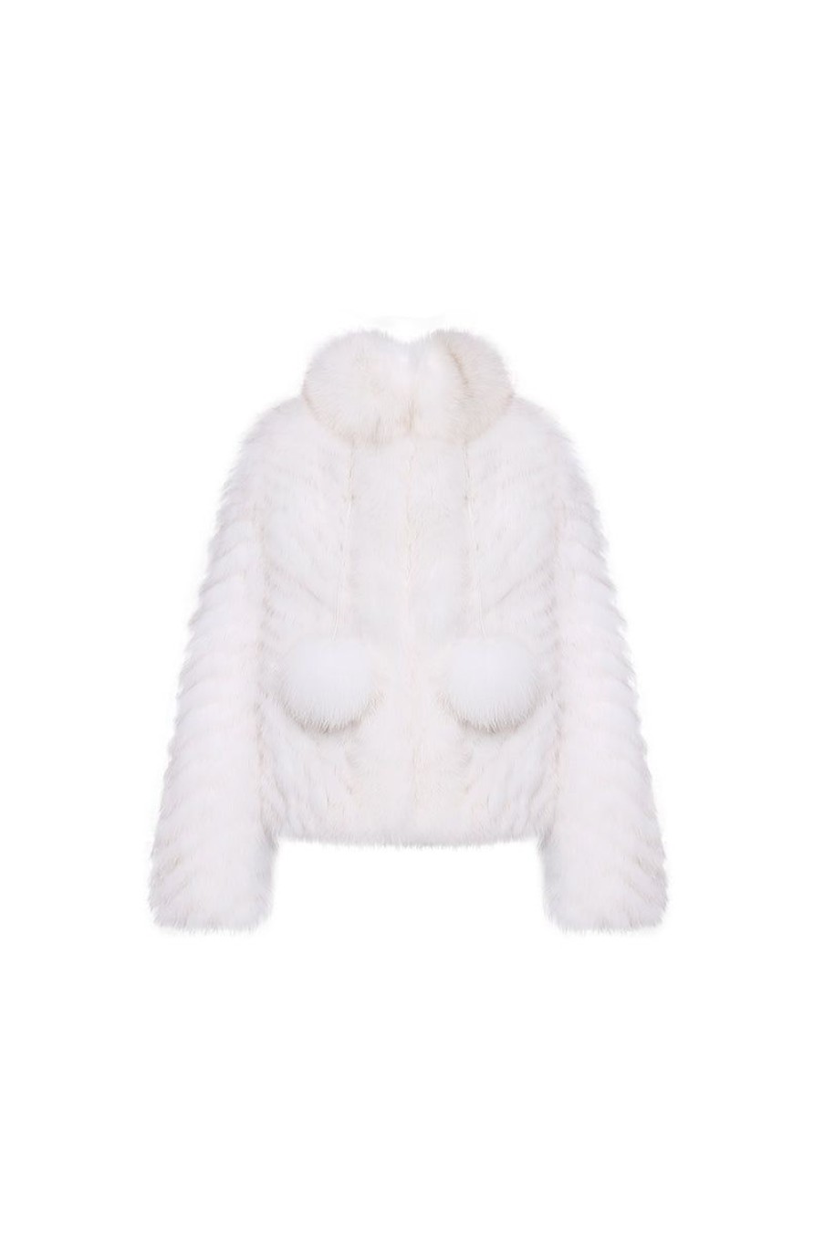 OZLANA Full Fur Jackets | Pom Pom Collar Fox Fur Jacket(White)