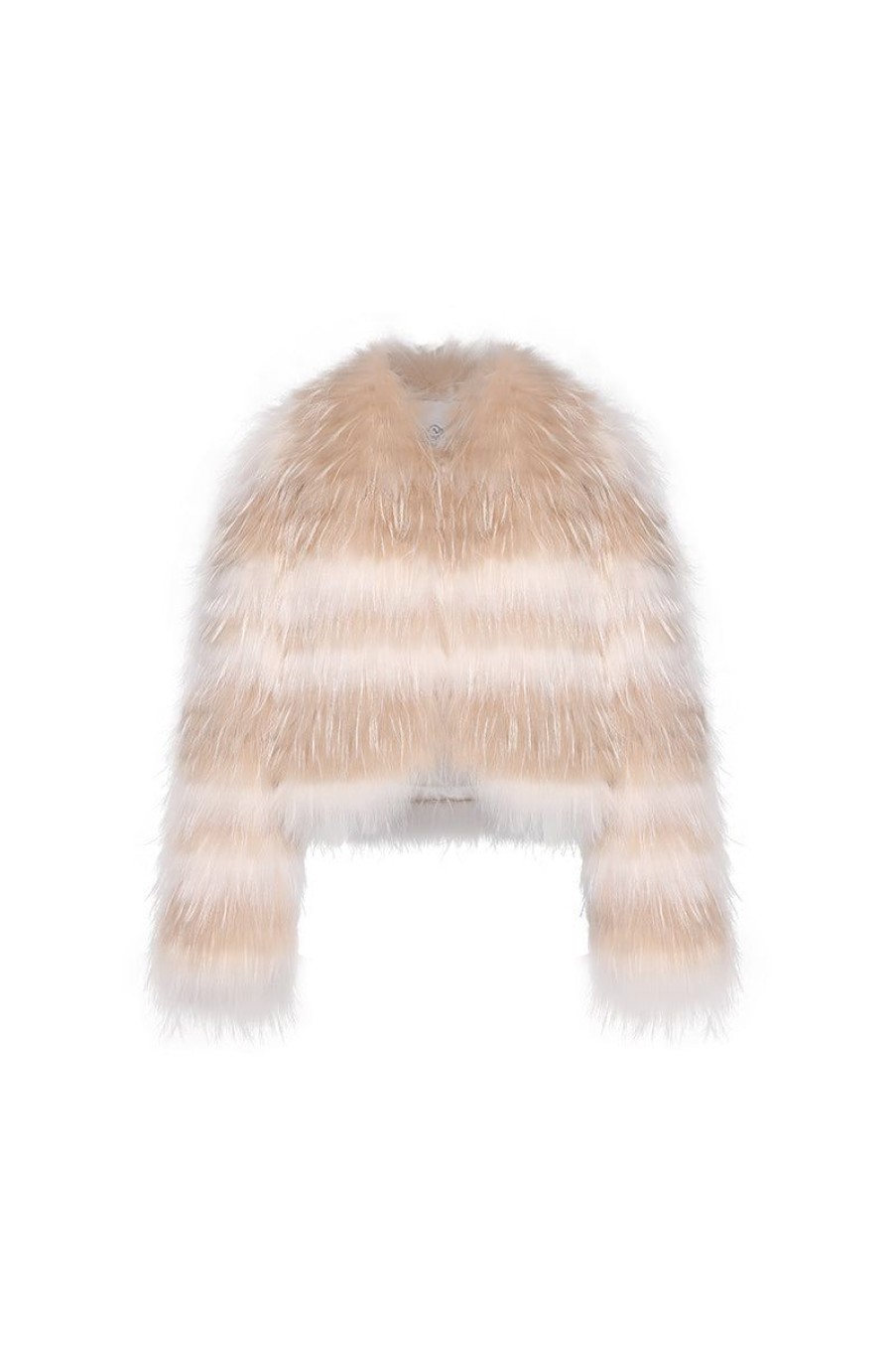 OZLANA Full Fur Jackets | Striped V Neck Crop Raccoon Fur Jacket(Chestnut Stripe)