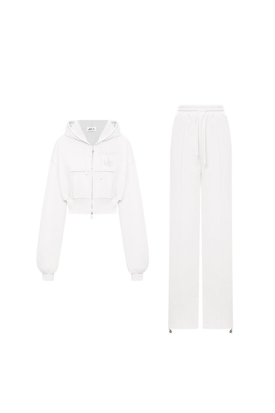 OZLANA Bottoms | Ozln Rhinestone Hoodie Sweat Suit Set(White)