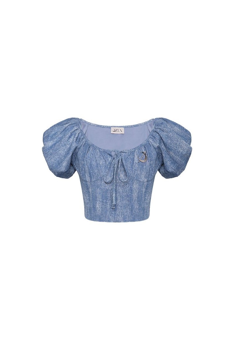 OZLANA Ozln | Ozln Puff Sleeve Ruched Cropped Shirt(Blue)