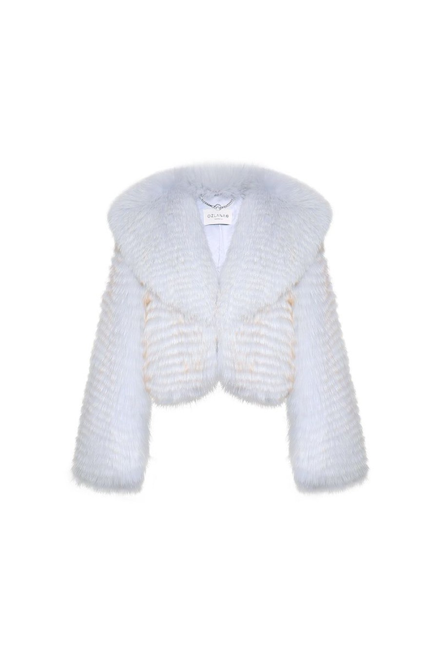 OZLANA Full Fur Jackets | Arc Cropped Wide Lapel Fox Fur Jacket (Blue)